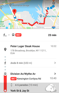 trajeto de ônibus em Nova York pelo Google Maps